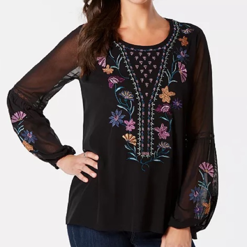 Women’s Style & co Black Floral Embroidery Long sleeve blouse top size S